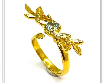 Olive Branch Adjustable Floral Ring: Natural Sky-Blue Topaz, 18K Gold Filled Sterling Silver Ring