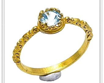 Byzantine Sky-Blue Brilliant Cut Topaz Filigree Statement Ring: 18k Solid Gold Ring for Her