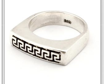 Silver ring with Greek Key decoration made of oxidized solid sterling silver. Handmade silver ring with  Greek meander or Greek key design.