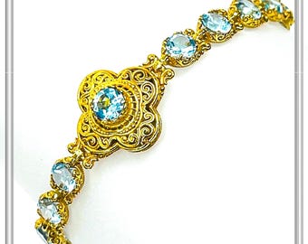 18K Gold Beaded Bracelet Handcrafted Byzantine Cross Filigree: Natural Genuine Sky-Blue Topaz Gemstones