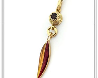 Olive leaf floral dangle necklace sterling silver 18 karat gold filled with natural garnet and red & honey color transparent enamel covered.