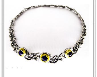Lapis olive leaf floral beaded necklace in oxidized solid sterling silver lapis lazuli or pearl in a filigree bezel 18 karat gold filled.