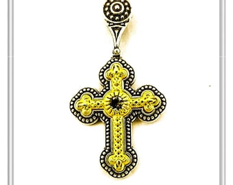 Byzantine silver cross with sky blue topaz on 18 karat gold filled filigree silver bezel and oxidized base. Natural gem orthodox cross charm