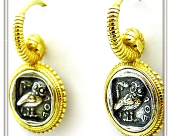 Owl coin Tetradrachm earrings, sterling silver oxidized with 18 karat gold-filled filigree decoration, Athena owl earrings, museum replicas.