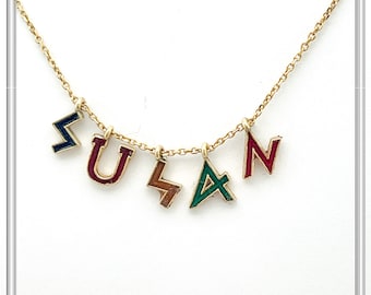 Personalized "Susan" Name Necklace: Multicolored Enamel on Greek Font Letter Silver 18K Gold Filled