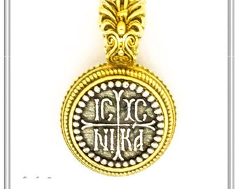 Protection cross coin jesus christ wins necklace. christogram talisman pendant, oxidized and 18 karat gold filled filigree sterling silver.