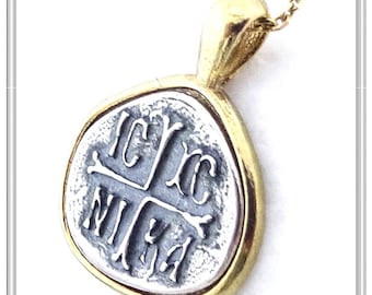 Protection cross coin Jesus Christ Wins necklace Christogram talisman pendant on coin-shape oxidized sterling silver. Constantinato charm.