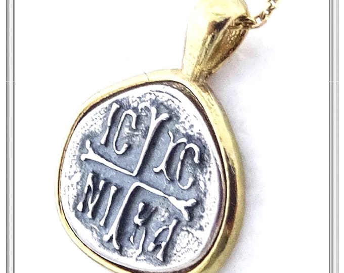 Featured listing image: Protection cross coin Jesus Christ Wins necklace Christogram talisman pendant on coin-shape oxidized sterling silver. Constantinato charm.