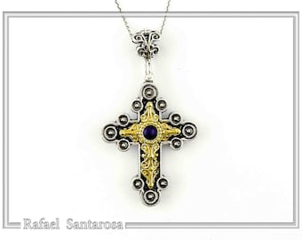 Lapis byzantine cross on oxidized sterling silver and 18ct gold filled silver decoration, natural lapis lazuli on religious byzantine cross.