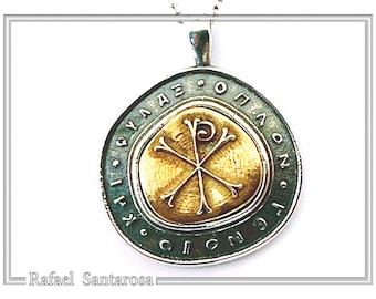 Solid gold 18 karat CHI RO Christogram prayer oxidized sterling silver pendant Christogram talisman Byzantine Constantinato protection charm