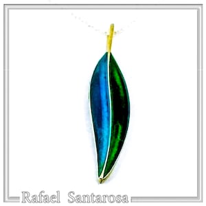 Olive Leaf Silver Pendant with transparent Blue & Green Enamel – Sterling Silver Olive Leaf Necklace, Nature Jewelry, Botanical Gift for Her
