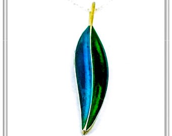 Olive Leaf Silver Pendant with transparent Blue & Green Enamel – Sterling Silver Olive Leaf Necklace, Nature Jewelry, Botanical Gift for Her