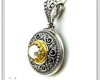 Byzantine pendant oxidized filigree silver with pearl in 18 karat gold-filled filigree bezel. Pearl, garnet, amethyst or lapis necklace.