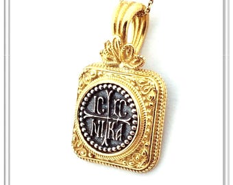 ICXC NIKA Protection cross Jesus Christ wins necklace Christogram pendant oxidized sterling silver & 18 karat gold filled byzantine filigre.
