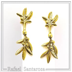 18K Solid Gold Olive Branch Earrings: Greek Nature Dangle Jewelry