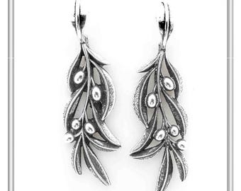 Olive leaves branch floral drop earrings  made of oxidized, 18 karat gold filled or solid sterling silver. Peace symbol of Greek mythology.