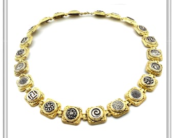 Beaded coin necklace filigree sterling silver 18 karat gold filled with oxidized silver ancient greek coins beads, classic museum replicas.