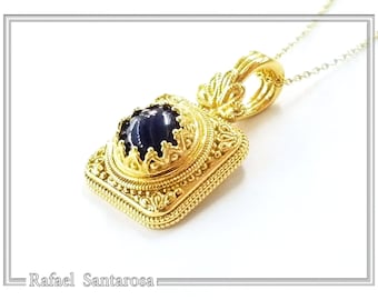 Lapis lazuli silver pentand gold filled with byzantine filigree and granulation decoration, natural lapis, sterling silver 18ct gold filled.