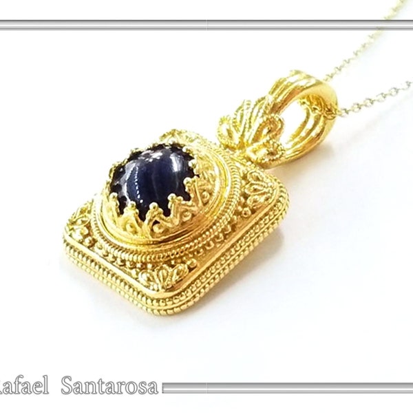 Lapis lazuli silver pentand gold filled with byzantine filigree and granulation decoration, natural lapis, sterling silver 18ct gold filled.