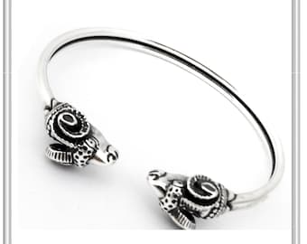 Ram head silver bangle bracelet. double rams greek bangle handmade sterling silver bracelet. greek god of nature pan panic capricorn symbol