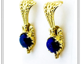 Byzantine Lapis earrings 18 karat gold-filled with filigree & granulation decoration. Natural lapis on solid sterling silver 18K gold filled