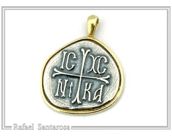 Protection cross 18 karat solid gold. Coin-shape Jesus Christ wins oxidized silver necklace. Christian talisman charm. No chain included.