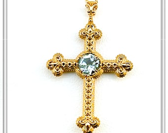 Byzantine Solid Gold Cross Pendant 18 Carats with Sky Blue Topaz, African Amethyst, Green Peridot, or Dark Red Garnet, Natural Genuine Gems.