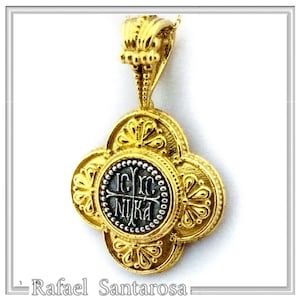 Silver cross ICXC NIKA Jesus Christ Conquers ChristogramByzantine filigree cross pendant 18 karat gold filled and oxidized sterling silver.