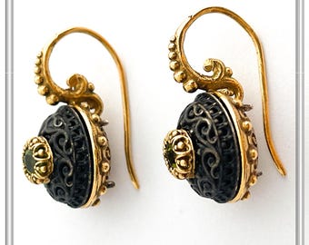 Byzantine silver earrings black oxidisation and 18 karat gold filled filigree silver bezel and base, naturaltopaz, peridot, garnet, amethyst