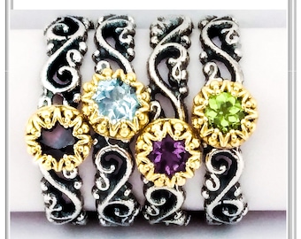 Genuine Gemstones Stacking Ring: Oxidized Sterling Silver & Gold-Filled Bezel