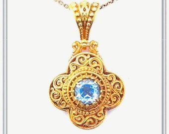 18K Solid Yellow Gold Byzantine Cross Filigree Pendant: Natural Sky-Blue Topaz Handmade Necklace