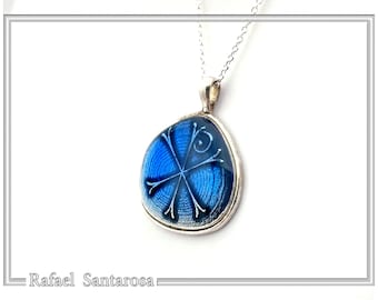 Protection Christian talisman pendant Jesus Christ necklace Christogram pendant blue enamel covered oxidized silver coin Constantinato charm