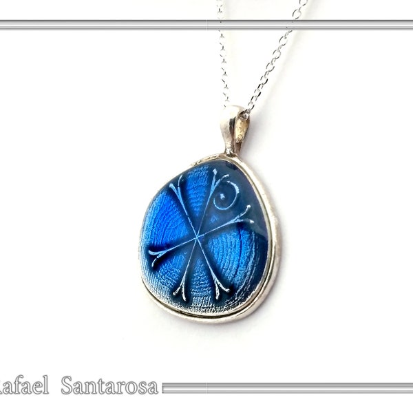 Protection Christian talisman pendant Jesus Christ necklace Christogram pendant blue enamel covered oxidized silver coin Constantinato charm