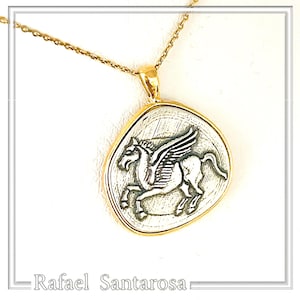 Pegasus winged horse pendant, ancient Greek mythology charm, oxidized silver coin on 18 karat gold filled silver base, museum inspired.