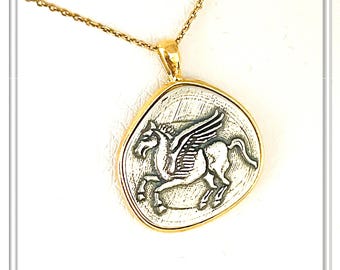 Pegasus winged horse pendant, ancient Greek mythology charm, oxidized silver coin on 18 karat gold filled silver base, museum inspired.