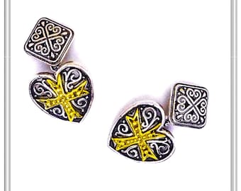 Byzantine Style Maltese Cross Cufflinks Heart Shaped, Oxidized Sterling Silver with 18 karat Gold-Filled Detailing Silver Maltese Cross.