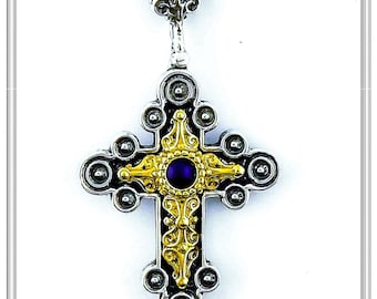Lapis byzantine cross, oxidized sterling silver and 18 karat gold filled silver decoration, natural lapis lazuli, religious byzantine cross.