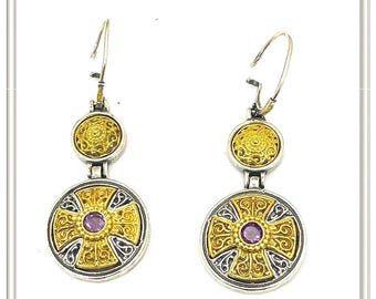 Byzantine Cross Drop Earrings Sterling Silver Oxidised and 18k Gold Filled African Amethyst