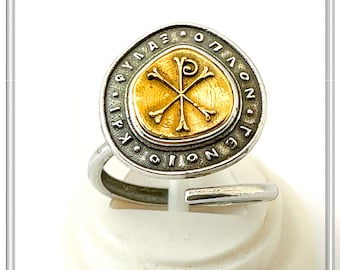 Solid gold 18K CHI RO Christogram coin on oxidized sterling silver adjustable ring with protection pray XP Byzantine Constantinato talisman.
