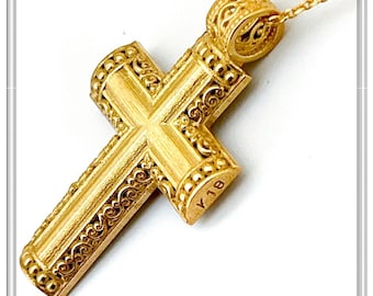 Solid Gold Byzantine Filigree Cross 18 karat Greek Orthodox Christian cross with byzantine decoration, solid yellow gold 18K imperial cross.
