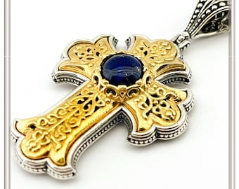 Lapis byzantine cross on oxidized sterling silver & 18 karat gold filled silver decoration, natural lapis lazuli  religious byzantine cross