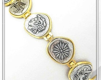 Beaded Greek coins bracelet Athena goddess owl Vergina star Phaistos disc Pegasus Sphinx Alexander the Great Spiral on 18 karat gold filled.