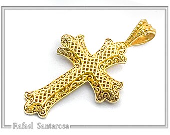 Solid Gold Baptism Cross 18 Karat Byzantine Filigree . Greek Orthodox Christian cross with byzantine decoration, solid yellow gold 18K cross