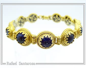 Lapis lazuli silver bracelet gold-filled with filigree and granulation decoration. made of sterling silver18ct gold filled and genuine lapis