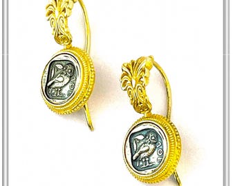 Athena owl earrings, Tetradrachm coins sterling silver oxidized in 18 karat gold-filled filigree antefix decorated bezel museum replica coin