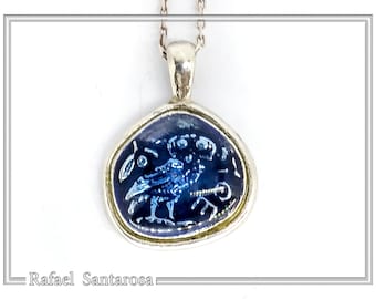 Owl coin pendant with blue enamel on oxidized sterling silver. Athena's owl necklace Greek mythology museum replicas ancient Greece heritage