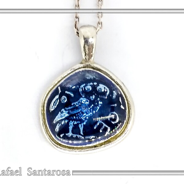 Owl coin pendant with blue enamel on oxidized sterling silver. Athena's owl necklace Greek mythology museum replicas ancient Greece heritage