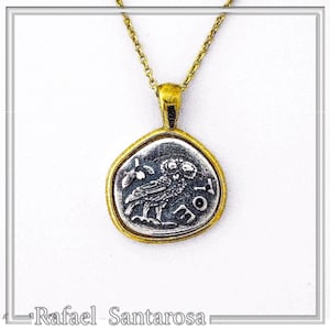 Owl tetradrachm coin pendant, sterling silver oxidized, and gold filled, Athena&#39;s owl necklace, Greek coin museum replicas of Ancient Greece