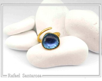 Blue enamel silver adjustable ring, sterling silver 18k gold-filled ring with sea blue enamel on a sea rock looking silver base. Summer ring