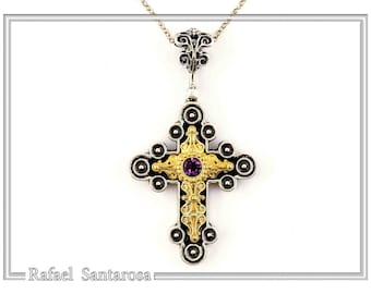 Byzantine cross with amethyst on oxidized sterling silver 18ct gold filled. Natural African amethyst on Orthodox religious Byzantine cross.